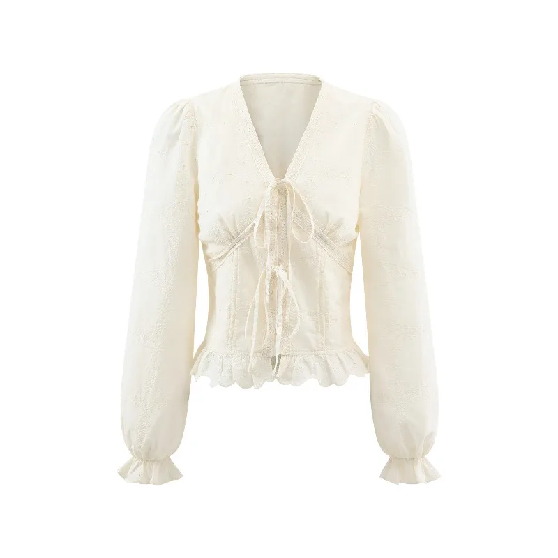 Vintage Elegant Cotton Blouse Women V Neck Embroidered Ruffle Shirt Hollow Out Top with Long Sleeves and Feminine Retro Design