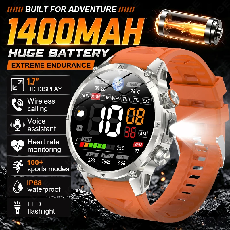LIGE Fashion 1400mAh Ultra Large Battery Smart Watch Men With Compass Flashlight Wireless Call Sports Health Monitor Smartwatch