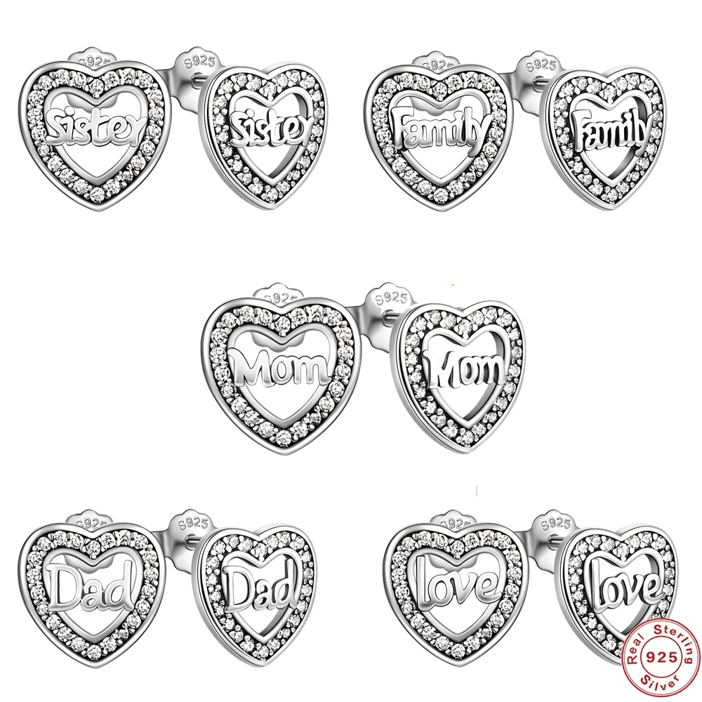 AIDE 925 Sterling Silver Letter Heart Bling Zircon Stud Earrings for Women Mother Girls Fashion Family Party Jewelry pendientes