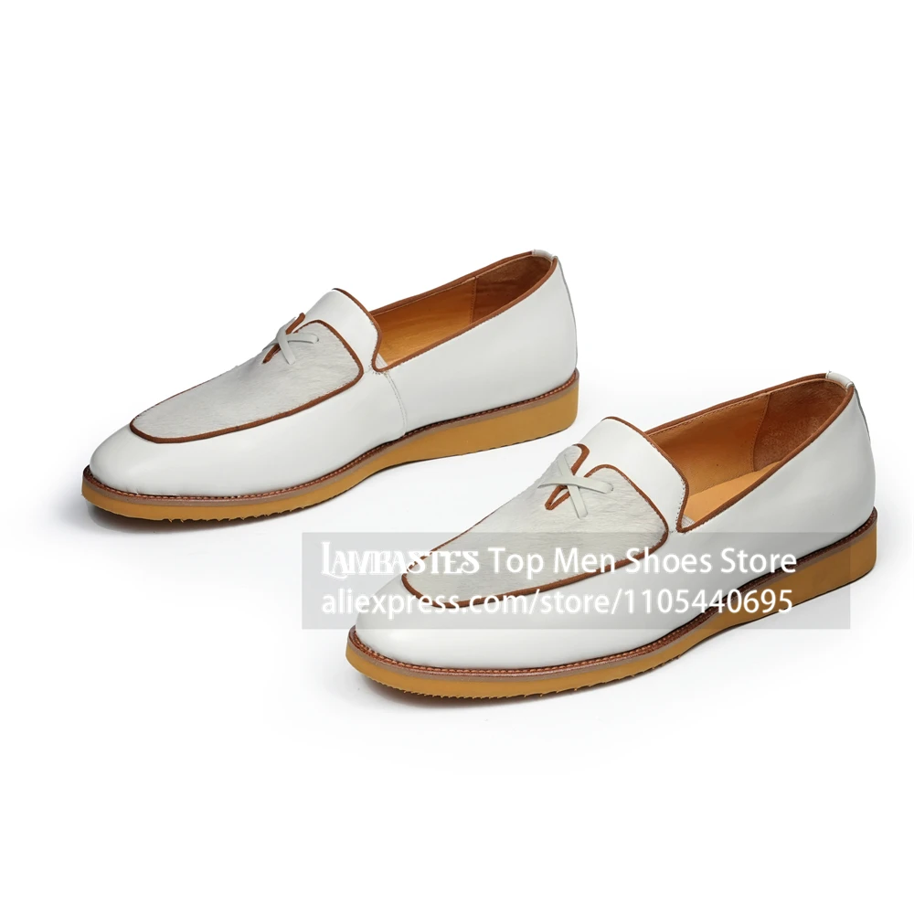 Horsehair Patch Slip Loafers Two Tone Genuine Leather Horse Hair Dress Loafers Contrast Piping Mixed Material Wedding Men Shoes