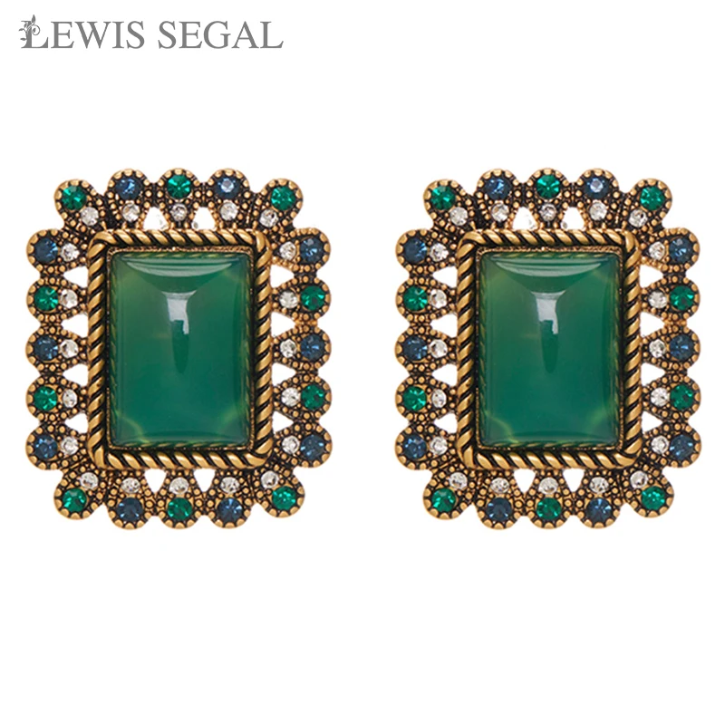 

LEWIS SEGAL Retro Style Emerald Stud Earrings For Women Independent Girl Medieval Style Fine Jewelry 18K Real Gold Plated