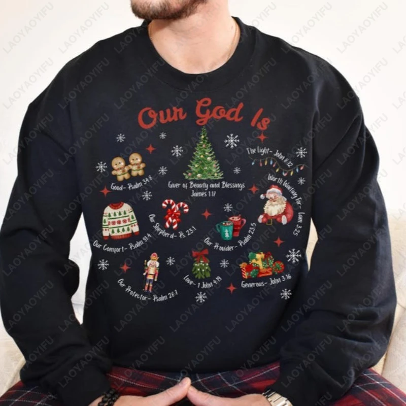 Oun God Ls... قميص عيد الميلاد المسيحي المضحك للعائلة، سويت شيرت مسيحي، مجموعة الكنيسة، بلوفرات للجنسين، ملابس الزوجين #2