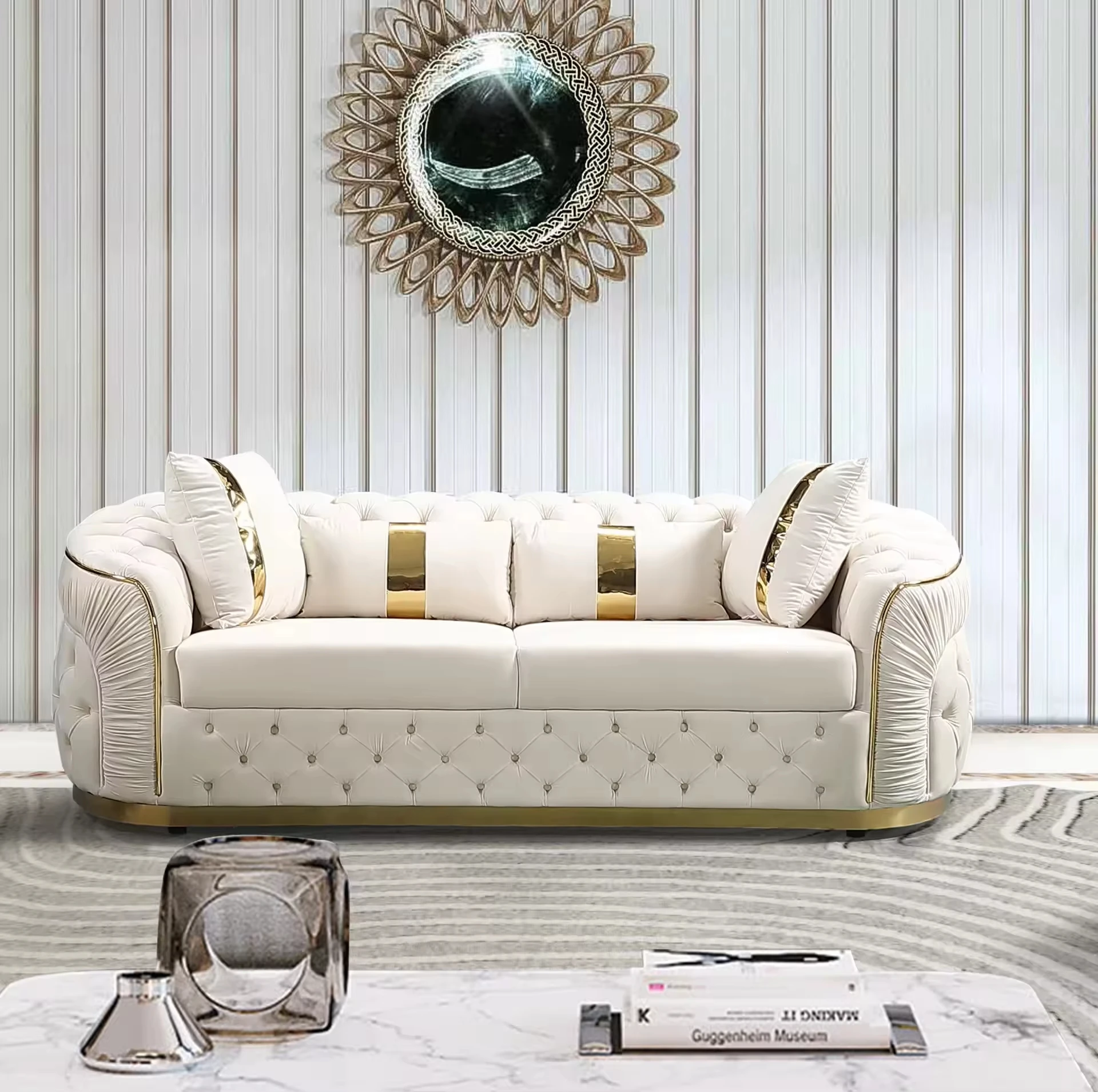 

Luxury Chesterfield Sectional Sofa Set with Cloth Buttons and Fabric Modular Couch with Gold Stainless Steel Base, 3-seater Sofa