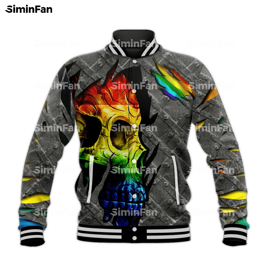 LOVE LGBT PRIDE RAINBOW SKULL 3D Full Printed Varsity Baseball Bomber Jacket Men Coat Outwear Unisex Female Harajuku Streetwear