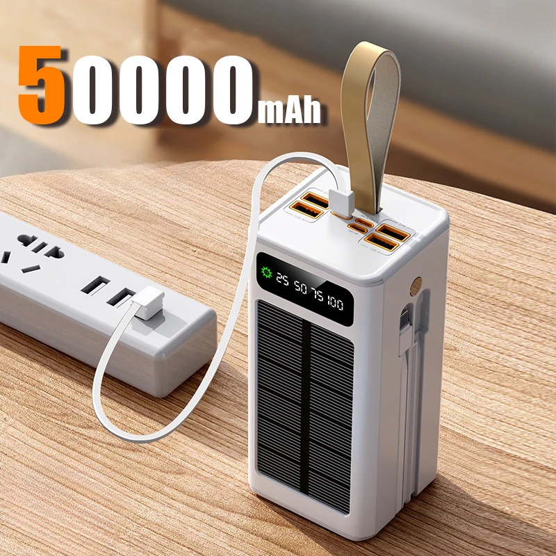 For IPhone Lenovo Xiaomi 50000mAh Thicken Solar Power Bank Big Capacity Built-in Cables External Battery LED Light Power Bank