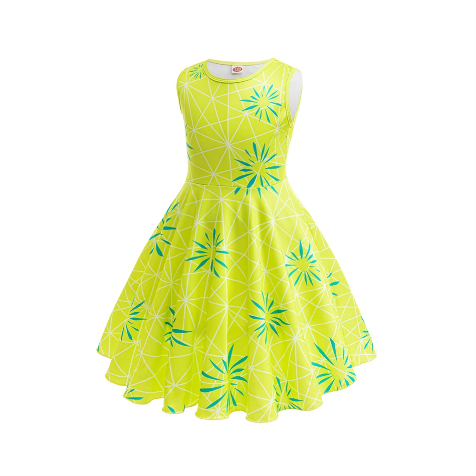 Disney Movie Inside Out Joy Plays Costume Green Printed Dress For Girl Kids Summer Clothes Carnival Party Frocks