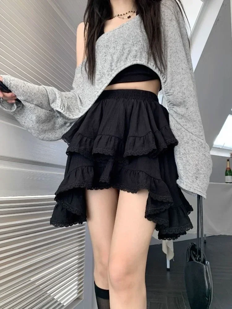 Elastic Waist White Black Irregular Mini Kawaii Skirt Japanese Style School Y2k Aesthetic Ruffles Short Skirt Women Streetwear