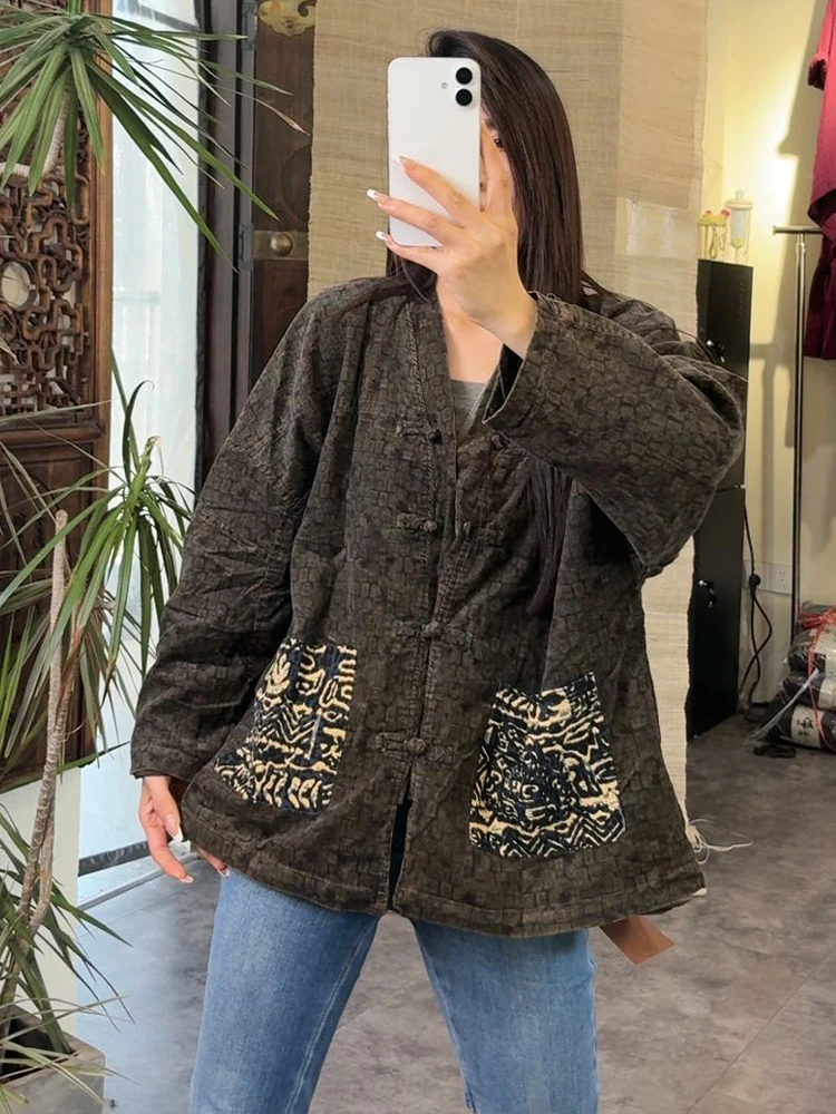 Amax LuluE الصينية 2025 معاطف الموضة الفضفاضة النساء خمر المطبوعة الكلاسيكية سترة السيدات الفاخرة الأزهار القطن الكتان فاسق الملابس