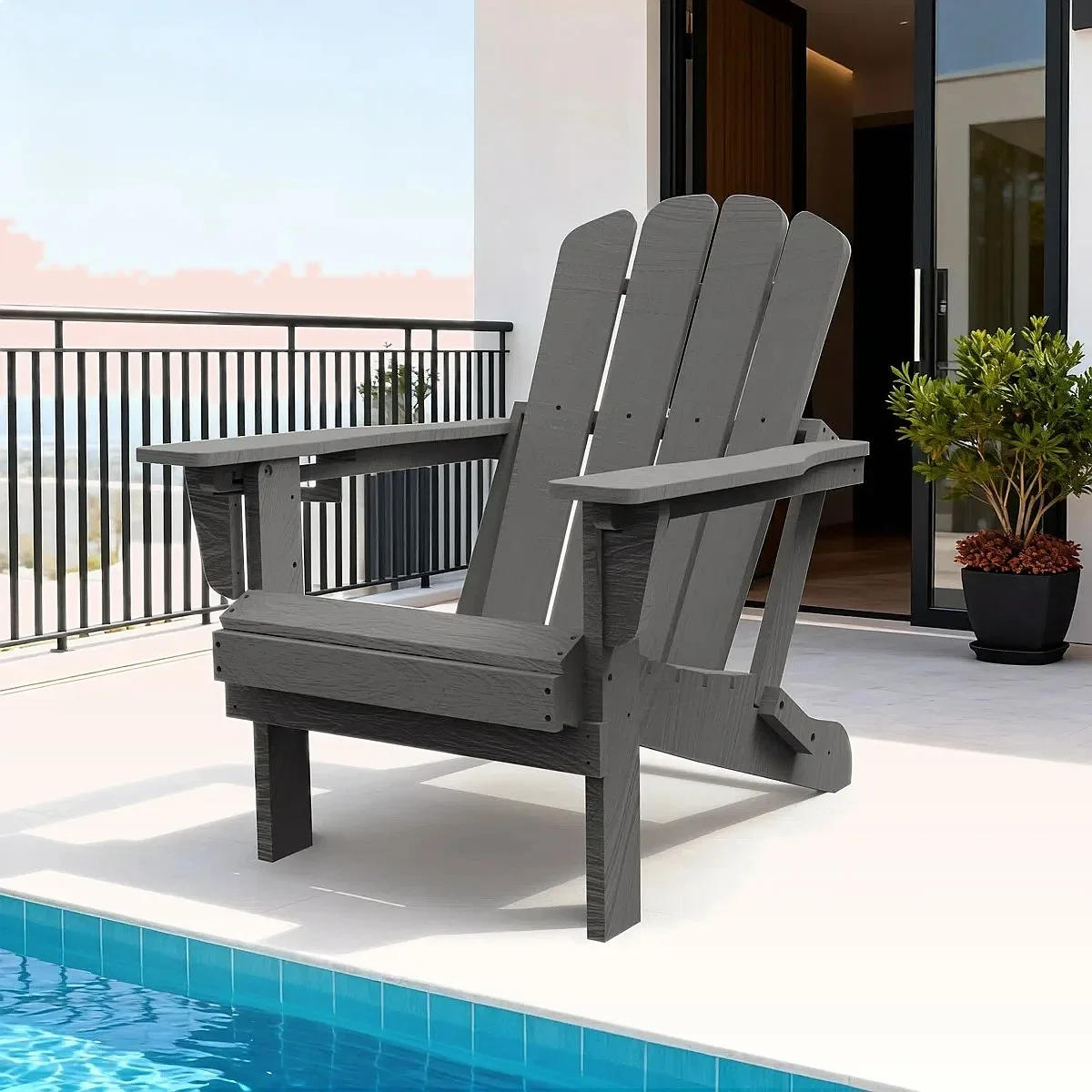 Folding All-Weather HDPE Adirondack Fire Pit Chair with Cup Holder, Gray