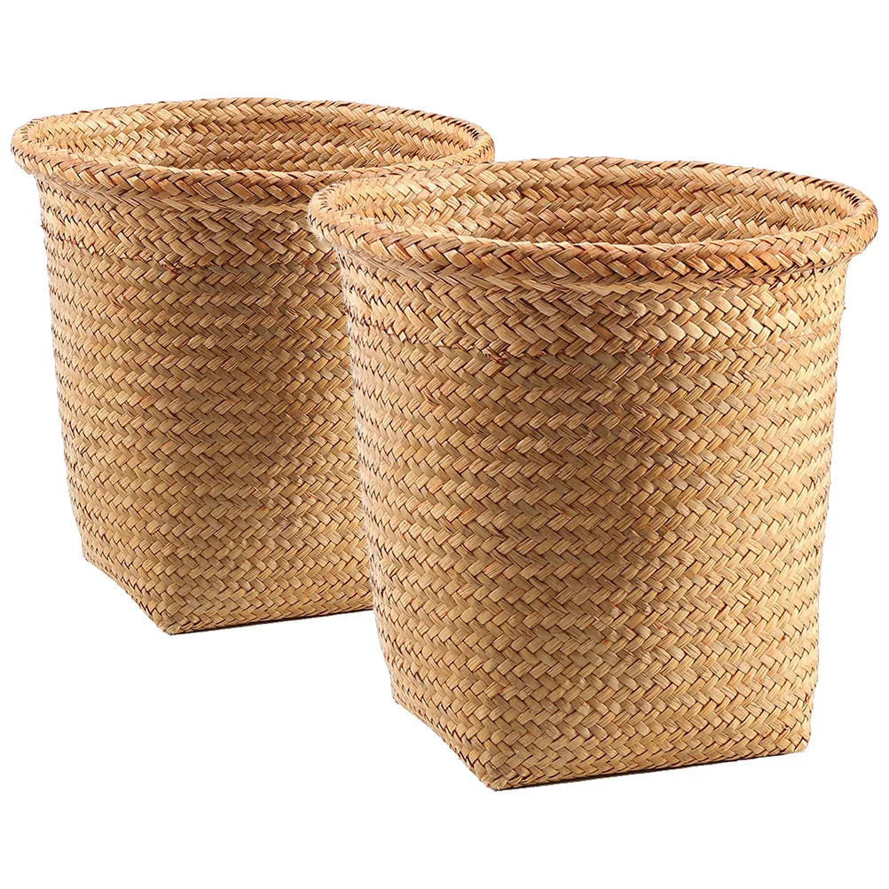 

2Pcs Woven Storage Basket Straw Braid Round Wastebasket Home Organizing Container Multifunctional Trashcan Compact Decorative