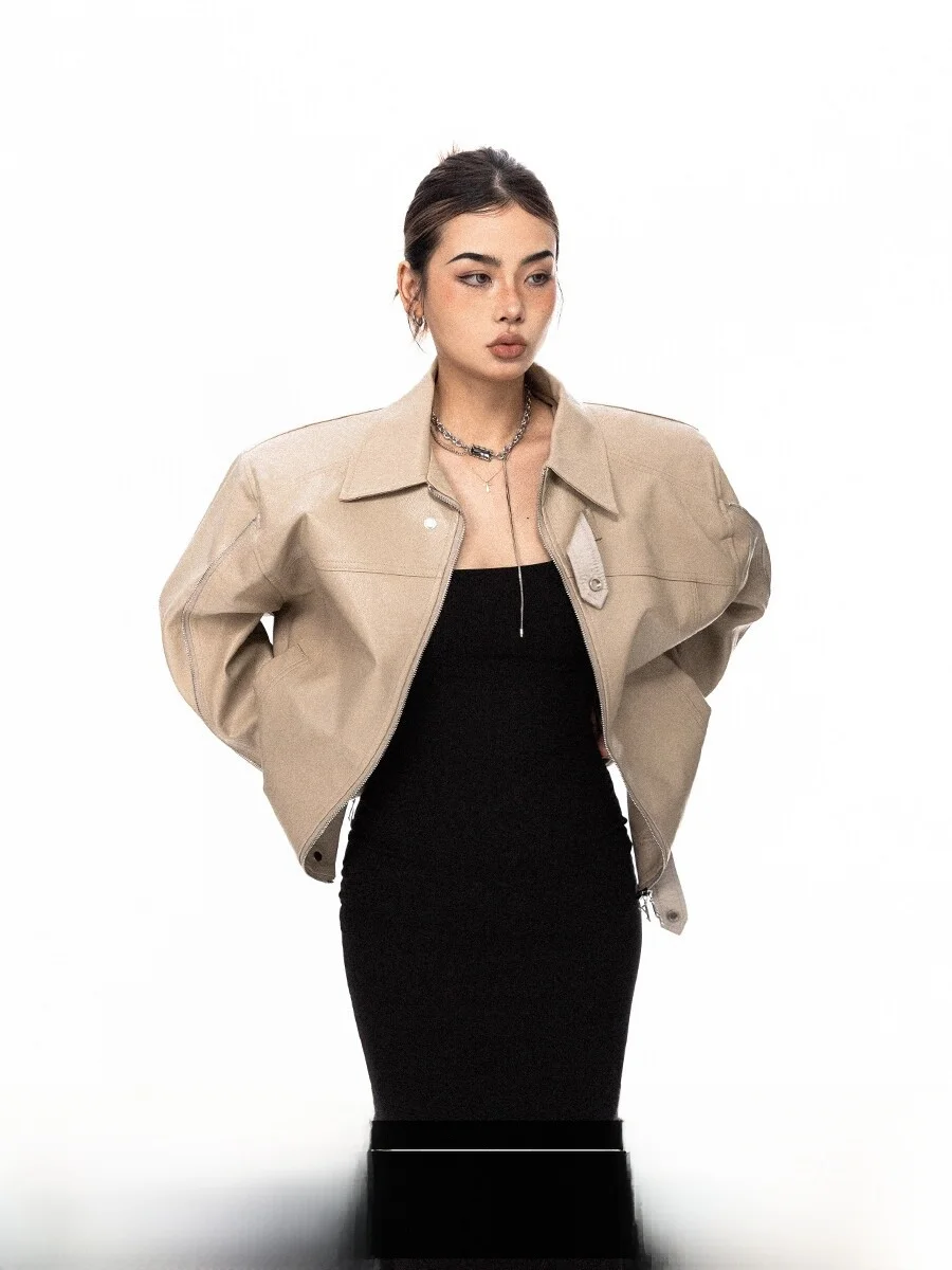 Street Style Motorcycle Jacket Pure Color Loose Fit Zipper Sleeve Shoulder Width Design PU Leather Short Coat for Women