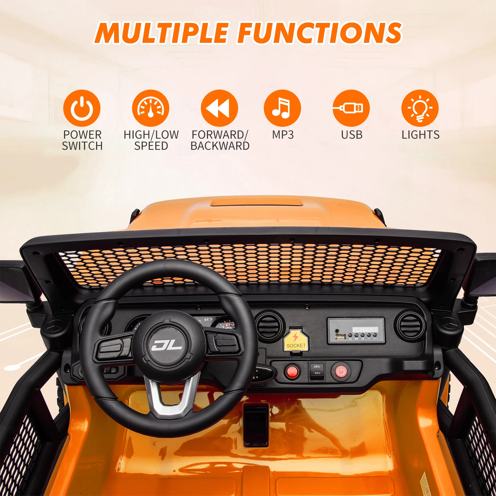 Coche eléctrico para niños de 2 plazas de 24 V con control remoto Camión para niños pequeños conmutable 2WD/4WD con luces LED para maletero y música de 3 a 8 años