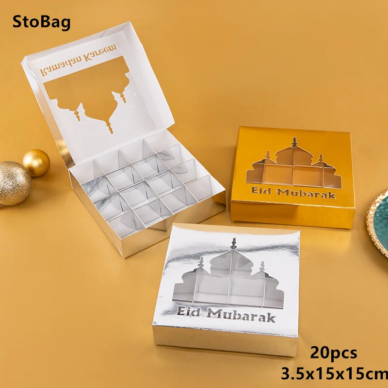 StoBag-Eid Ramadan Trasparent Cookies Donut Box Packaging Cake Snack Candy Chocolate Muslim Party Decoration 16 Squares 20 Pcs