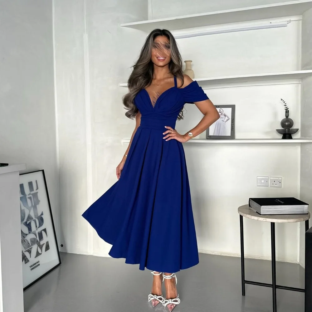 

Customized Evening Jersey Draped Pleat Christmas A-line Off-the-shoulder Bespoke Occasion Gown Midi Dresses