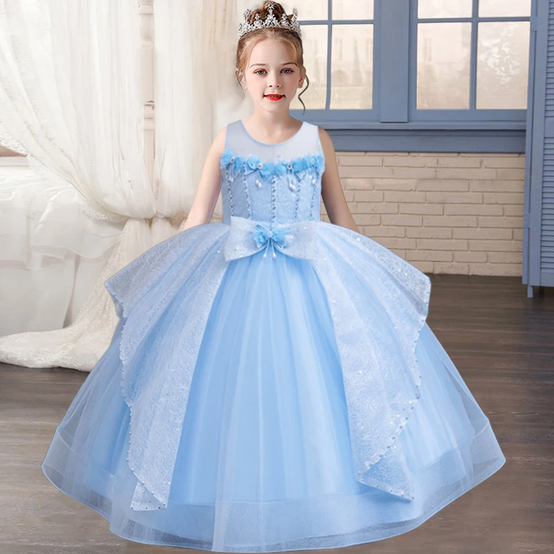 New Children\'s Dress Flower Birthday Party Girl Princess Dress Bubble Sleeves Lace Christmas Party Girl Formal Evening Dress