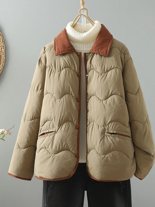 

Ретро-куртка женская зимняя свободного кроя из хлопка с контрастными вставками из вельвета, отложным воротником, универсальная, легкая, теплая