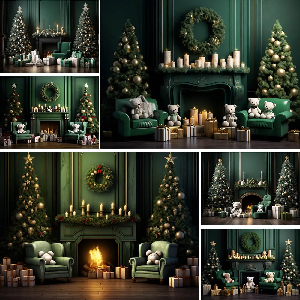 

Mocsicka Christmas Backdrop Retro Green Wall Fireplace Xmas Tree Gifts Family Portrait Photography Background Photo Studio Props