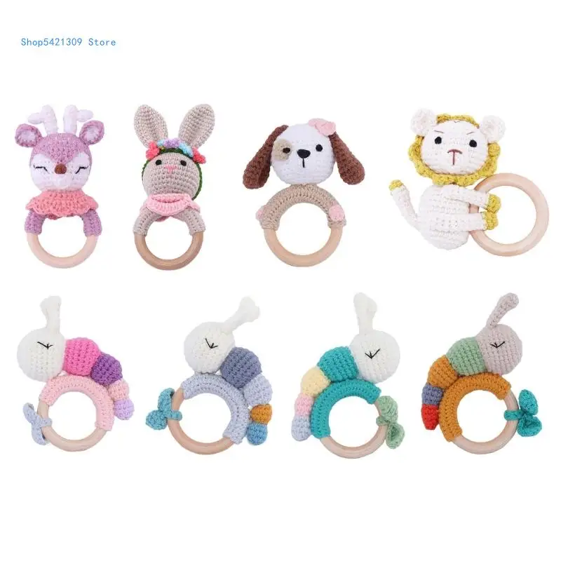 

85WA вязаная успокаивающая игрушка в форме животного, детские погремушки, вязаная крючком игрушка-погремушка, деревянное кольцо,