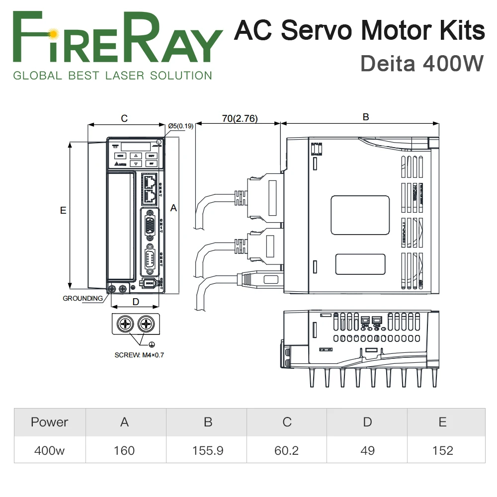 FireRay Delta AC Servo 400W B2 0,4kw 1,27Nm 3000rpm 60mm ASD-B2-0421-B ECMA-C20604RS Kit di azionamento motore con cavo da 3 m