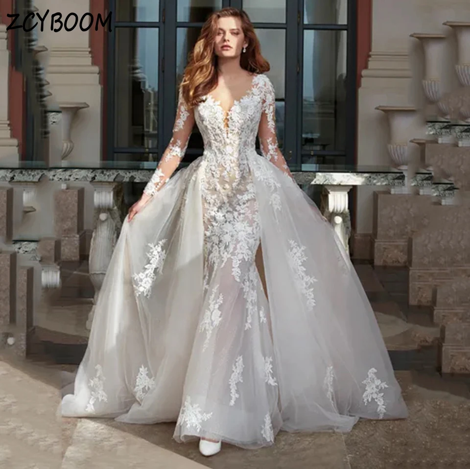 Customized O-Neck Long Sleeves Lace Appliques White Wedding Dress 2024 Mermaid Floor Length Detachable Sweep Train Bridal Gown