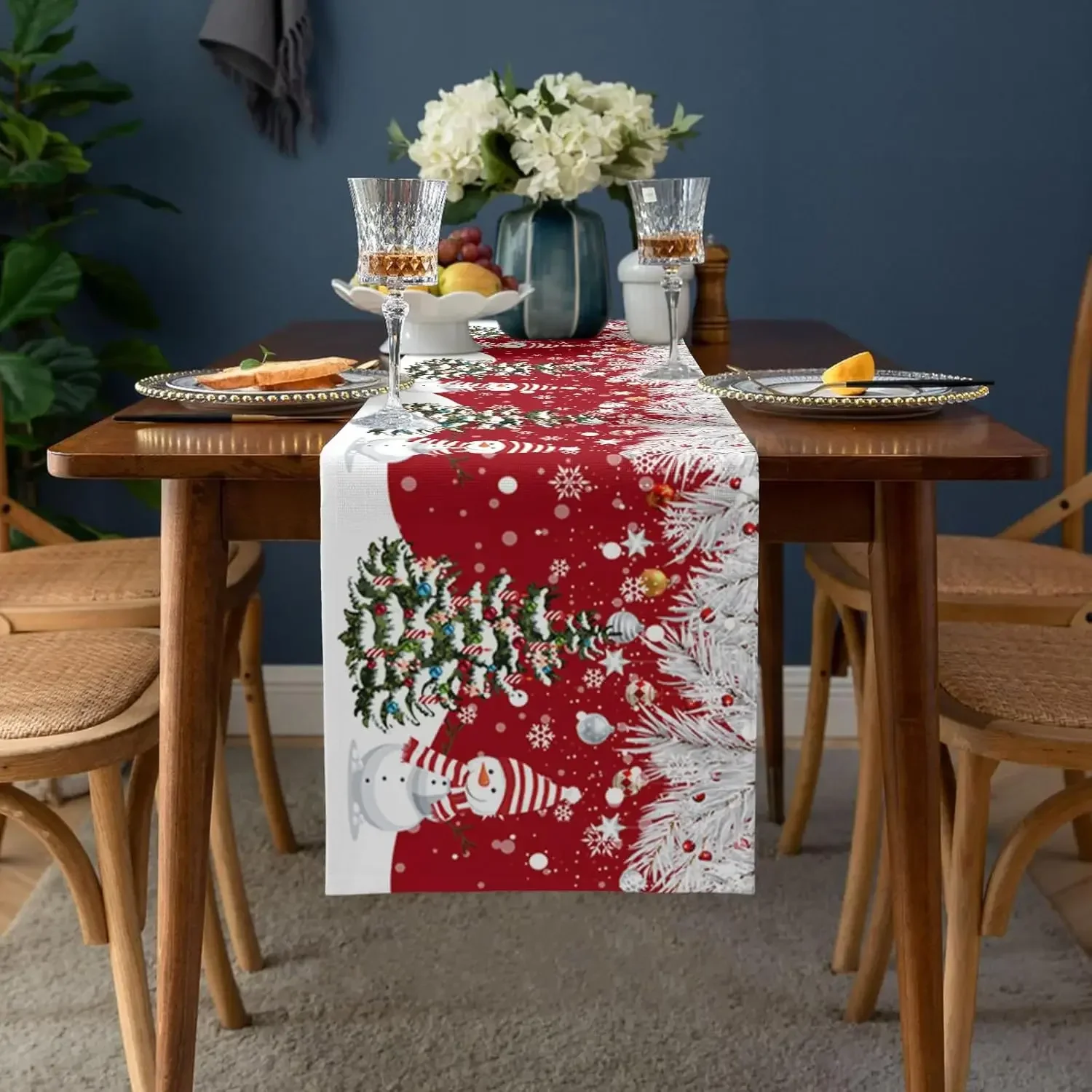 Christmas Snowman Xmas Tree Ball Table Runners Party Decor Winter Xmas Pine Needles Snowflake Table Runner Navidad Decorations