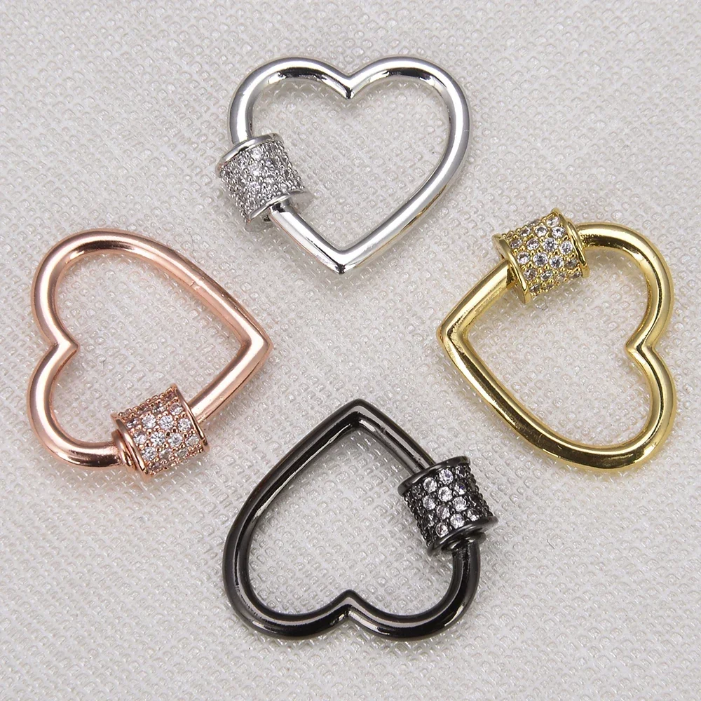 3PCS 17mm*20mm Hue Heart-shaped Metal Turnbuckle Screw Clasp Inlay Cubic Zircon Earrings Bracelets Necklaces for Women Girl Lady