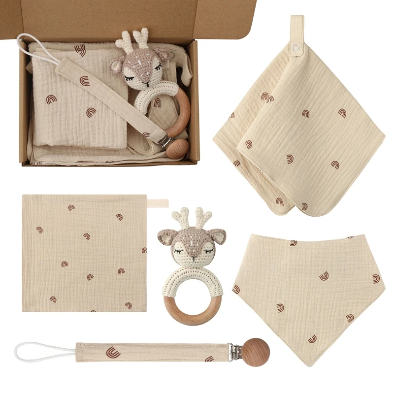 

5 Pcs Newborn Wooden Knit Deer Rattle Teether Infants Feeding Bib Appease Towel