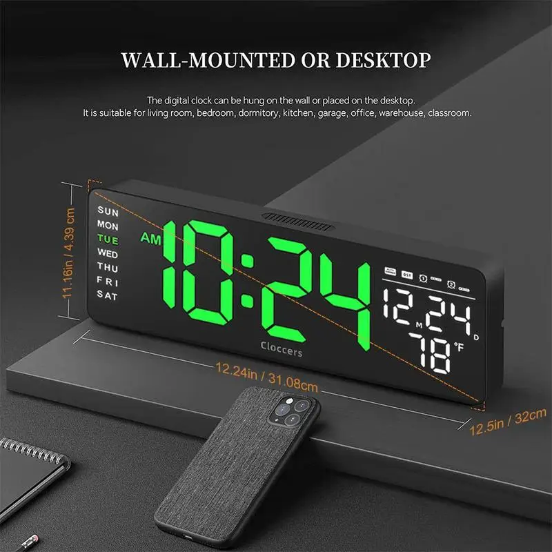 USB & Battery Charging Digital Wall Clock without Battery, 1 Count Remote Control Large Screen Wall Clock with Indoor Temperatur