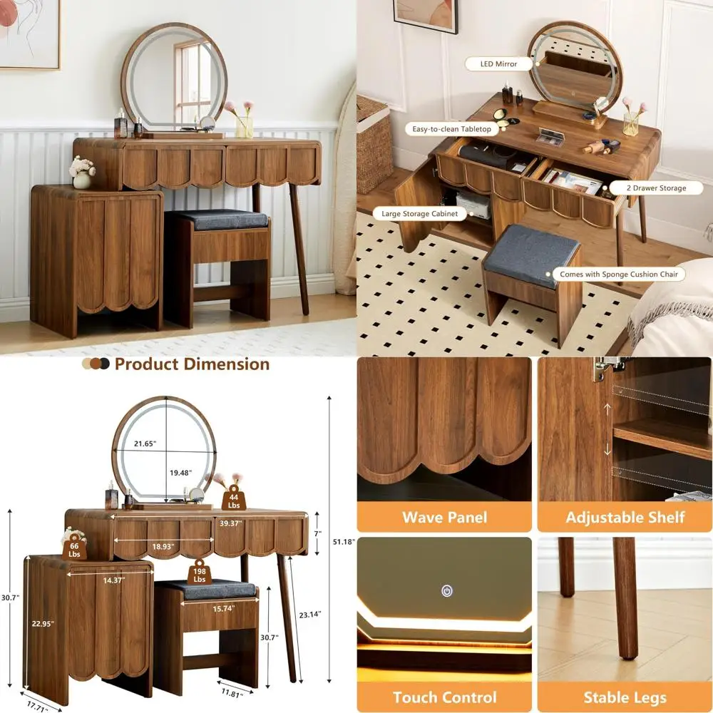 مكتب الغرور المموج الخشبي المعاصر مع مرآة وإضاءة، وطاولة مكياج كاملة مع أدراج تخزين وخزانة لـ Dressi