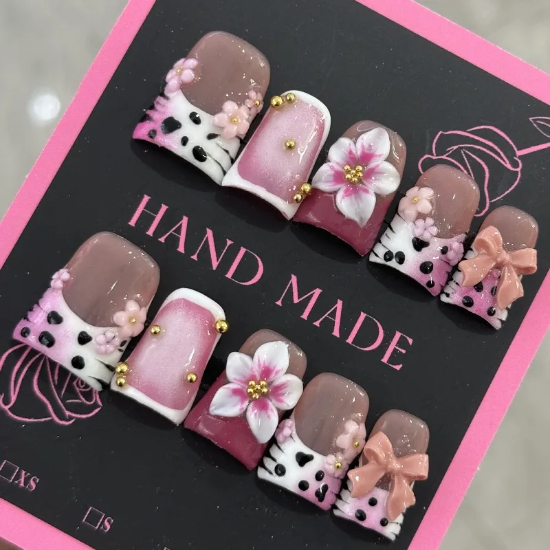 10 قطعة بطة قصيرة الأظافر اليدوية ثلاثية الأبعاد الزهور الأرجواني الاكريليك الصحافة على مسمار الماس اللؤلؤ ليوبارد طباعة تصميم الفرنسية أظافر صناعية نصائح