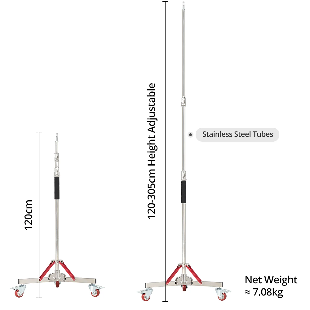 ZD120 Heavy Duty Stainless Steel 305CM Light Stand +Wheel Load Bearing 20KG for Flash for high-intensity photography work