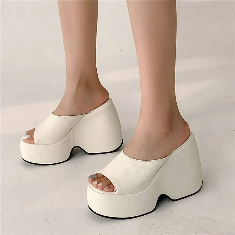 Krazing Pot Microfiber Mules Wedges Summer Platform Peep Toe Extreme Super High Heel Big Size 43 Dating Slip on Women Sandals