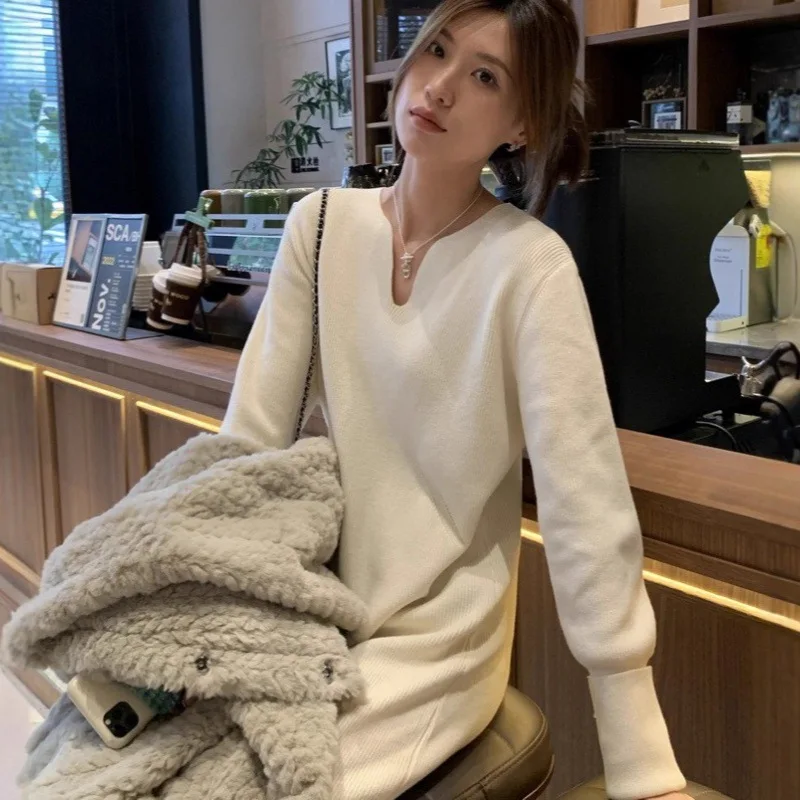 Vestido de lã de malha com camada inferior para outono e inverno feminino comprimento médio moda temperamento vestido de malha