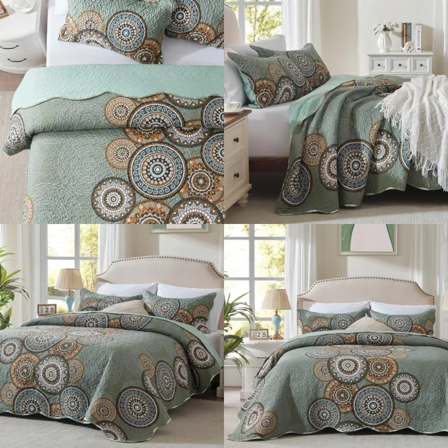 

3-Piece Full Queen Size Olive Green Quilt Set Lightweight Oversized Bedspread 90''x98'' Soft Microfiber Floral Coverlet Luxurious Warm Bed Cover for All Seasons (1 Quilt, 2 Pillow Shams)
