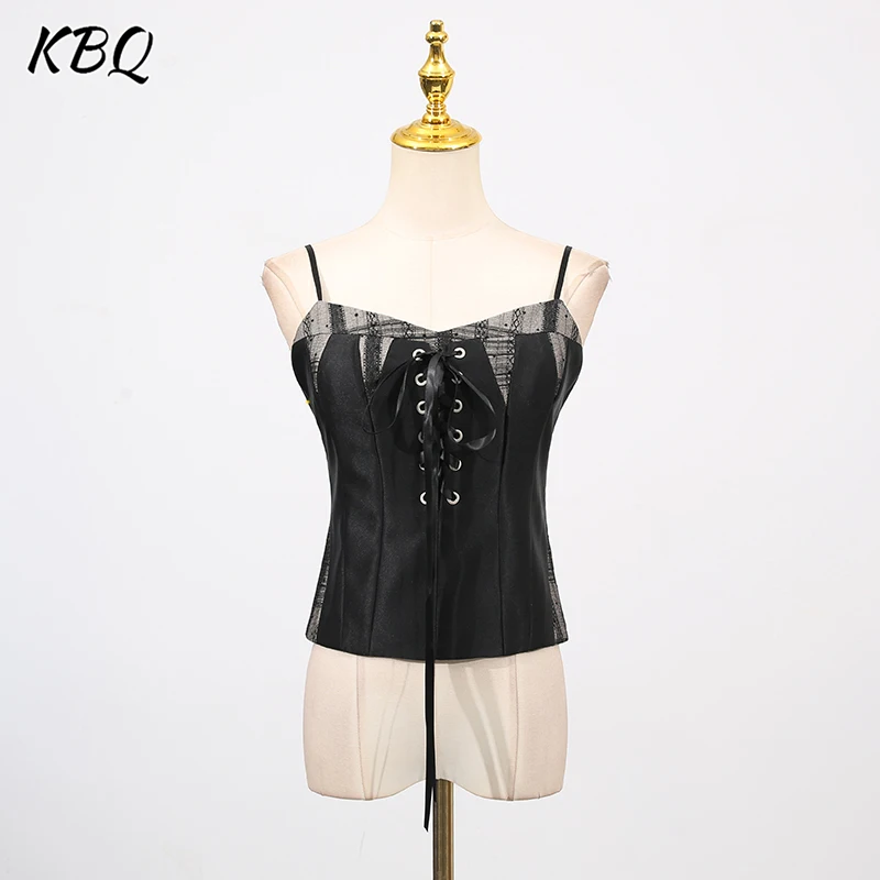 

KBQ Backless Hit Color Slimming Vest for Women Square Collar Sleeveless Patchwork Lace Up Chic Tank Top Female Fashion Style New