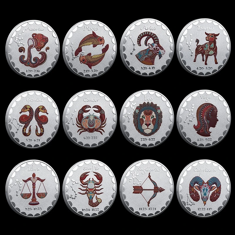 12PCS Luxury 12 Zodiacs medallion Silver plated 12 full set Constellation commemorative coins lucky coins