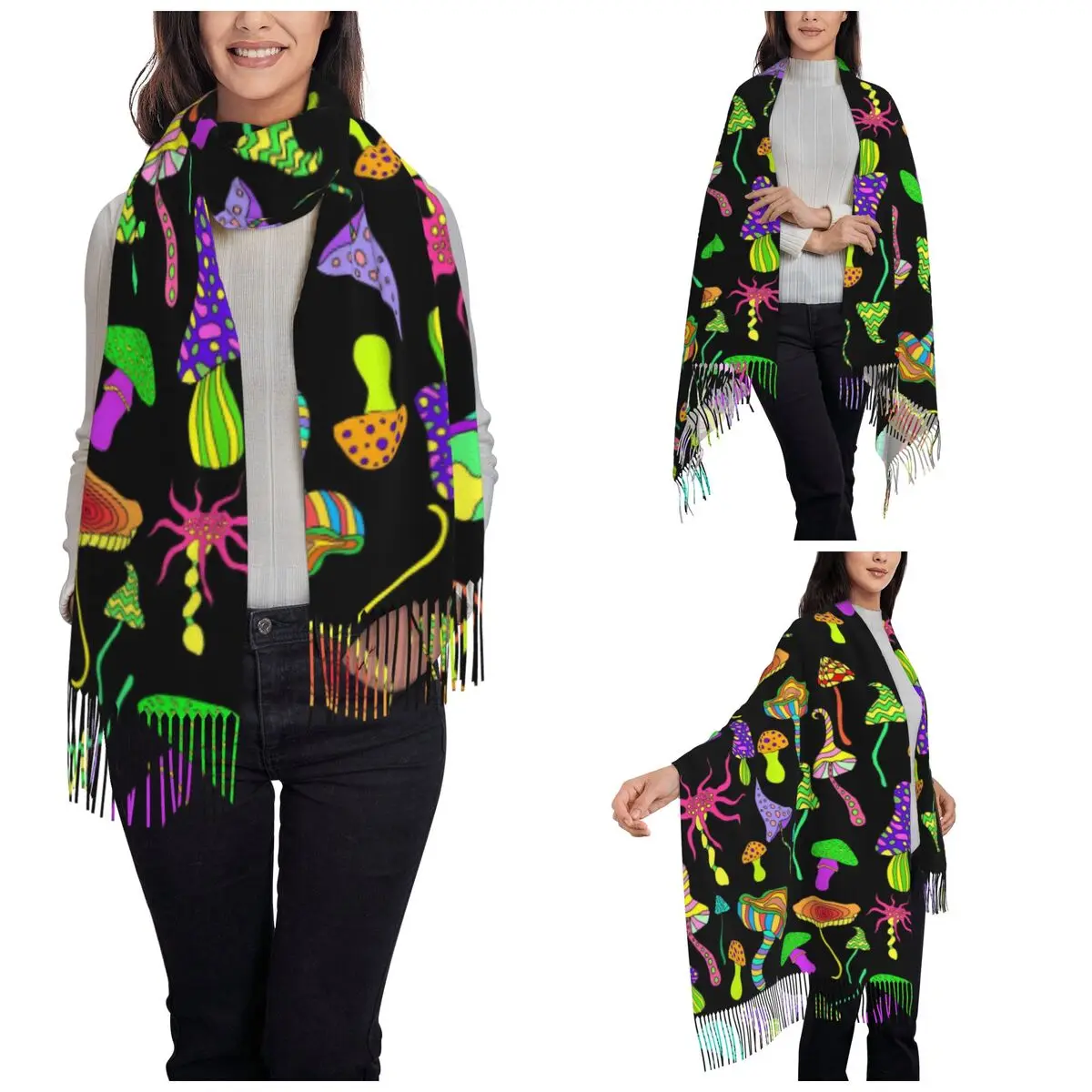 Psychedelic Mushrooms Shawls Wraps Womens Winter Warm Single-sided Pattern Scarf Pashminas Shawl Scarves