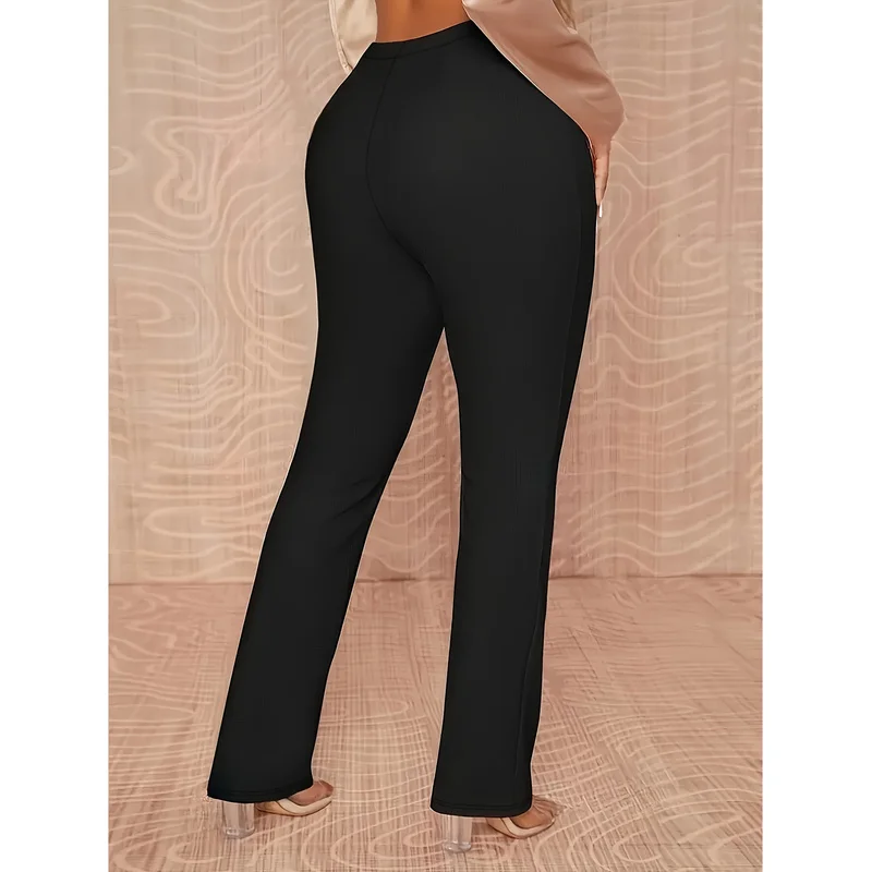   بنطلون مستقيم نحيف أنيق على الموضة لعام 2025 للنساء بخصر عادي يسمح بمرور الهواء للتخسيس وحفلات مكتب سوداء صلبة