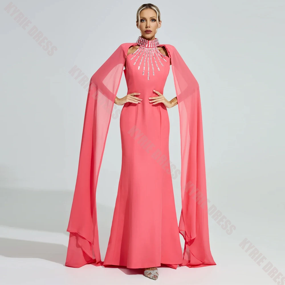 Customized Mother of The Bride Dresses 2026 Crystal High Neck Cape Sleeves Women Simple Wedding Guest Gown Party Evening Dresses