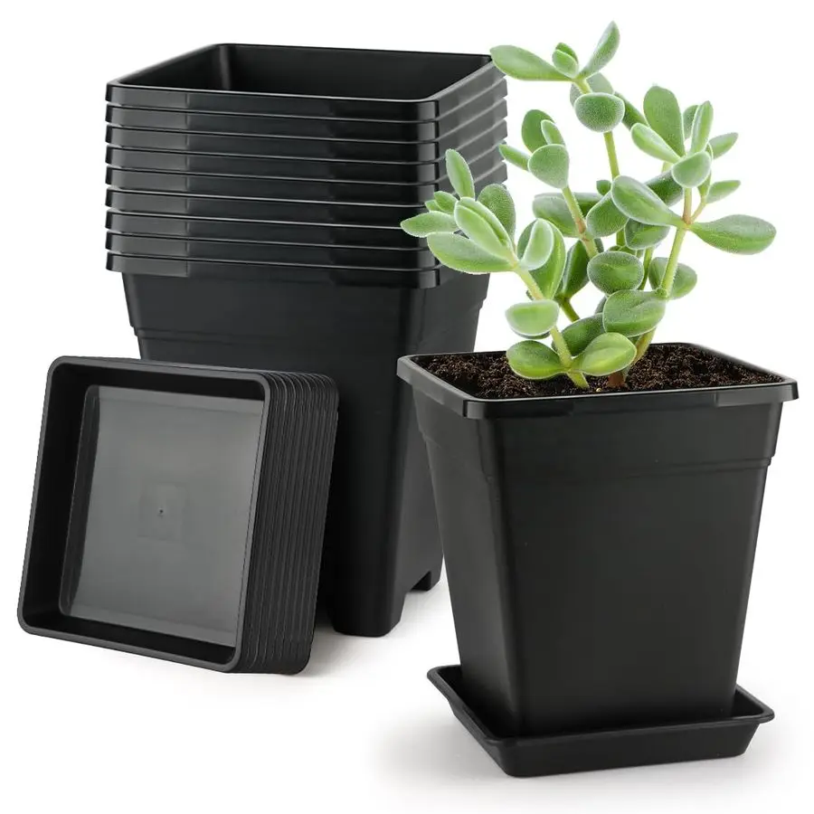 

Квадратные пластиковые горшки для растений 8 дюймов, 10 штук, современные декоративные садовые кашпо с дренажным отверстием и поддоном, 1 галлон