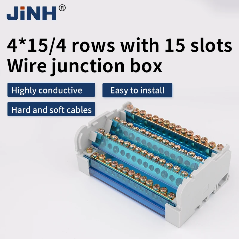 Junction Modular Power Distribution Box 4*15 Pins Screw Wire Electrical Connector Din Rail Terminal Block JH8415