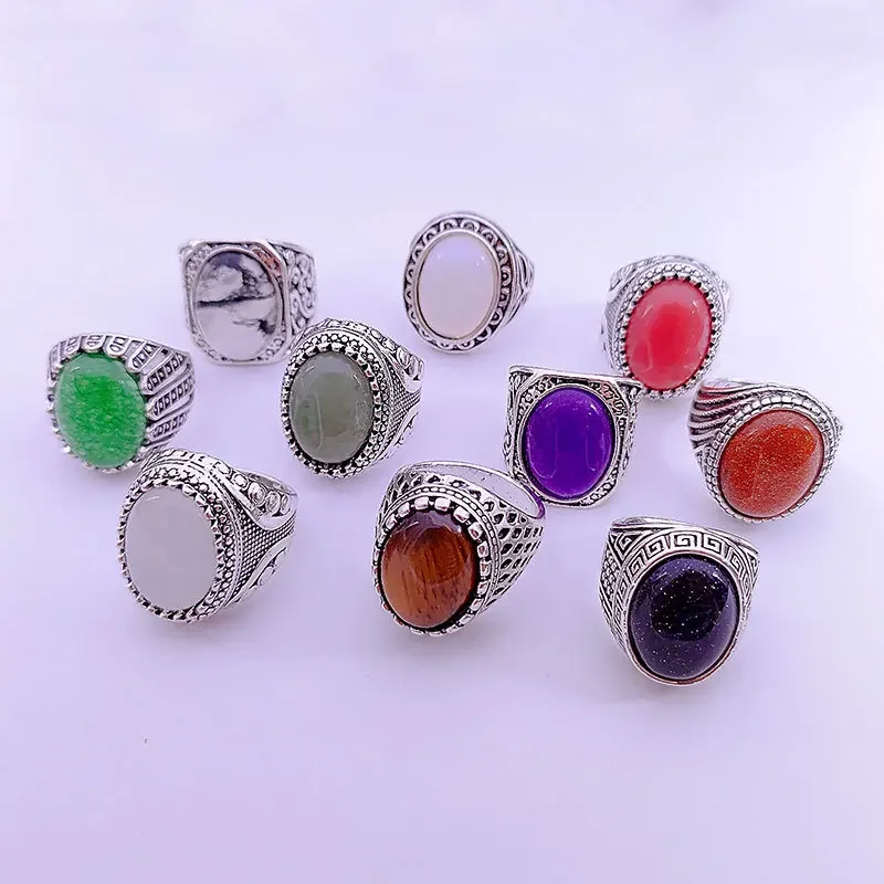 15pcs/lot 14x18mm Men Oval Stone Rings Rose Quartz Agates Tiger's Eye Green Jade Crystal Women Party Size 6 To10