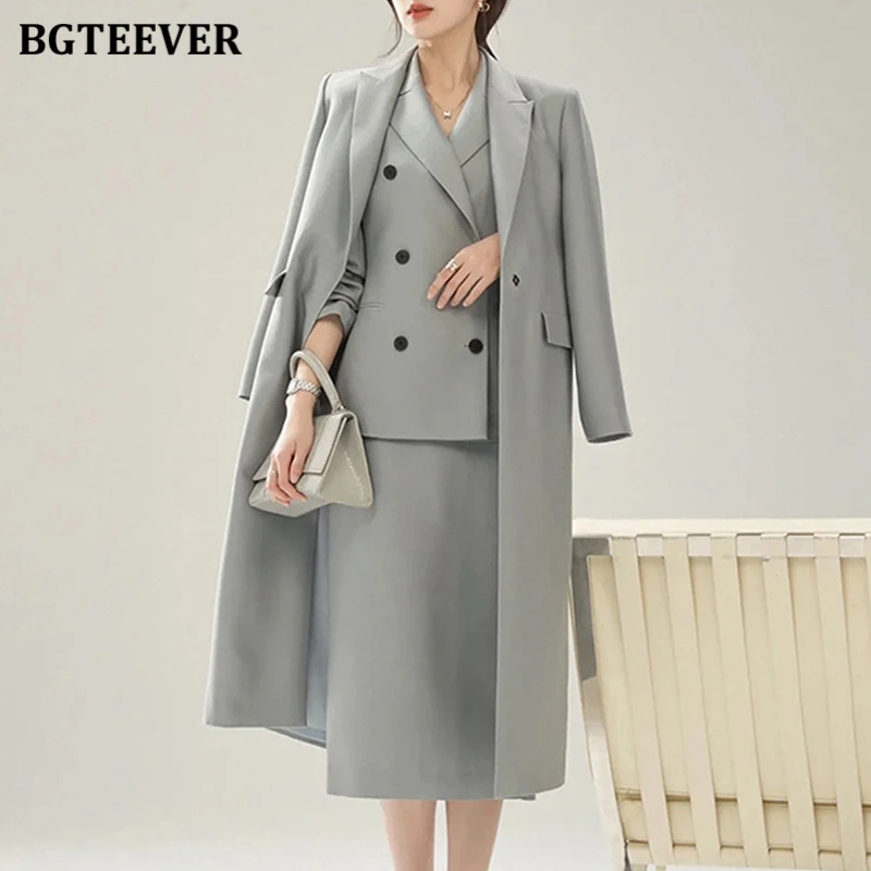 BGTEEVER Autumn Ladied 2 Pieces Skirt Set Long Sleeve Double Breasted Jackets & High Waist Pencil Skirts Women Blazer Set