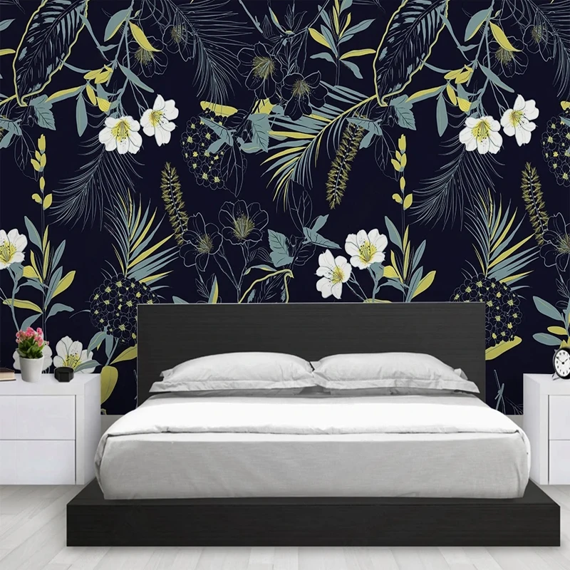 Retro Wallpaper Tropical Leaves Flowers Dark Blue Background Wall Painting 3D Custom Large Mural Canvas for Bedroom Room Decor