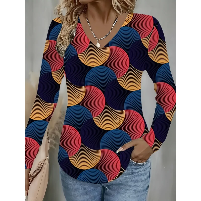 Abstract Geometric Pattern Women'S Casual Long Sleeve V-Neck Top, Multicolor Circle Print, Suitable for Leisure And