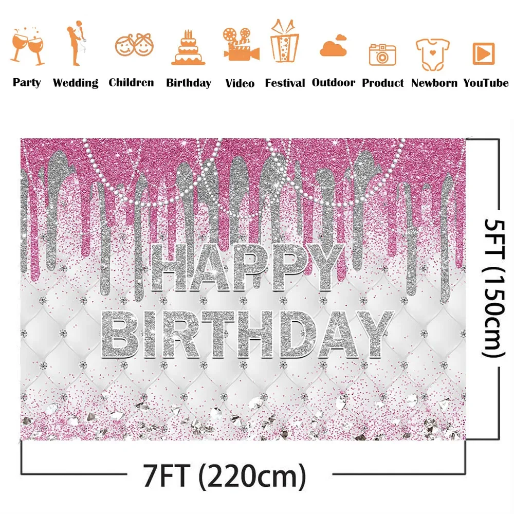 Pink Glitter Backdrop Happy Birthday Sliver Shiny Dots Diamonds Background for Photo Studio Photocall Pearl Necklace Backdrops