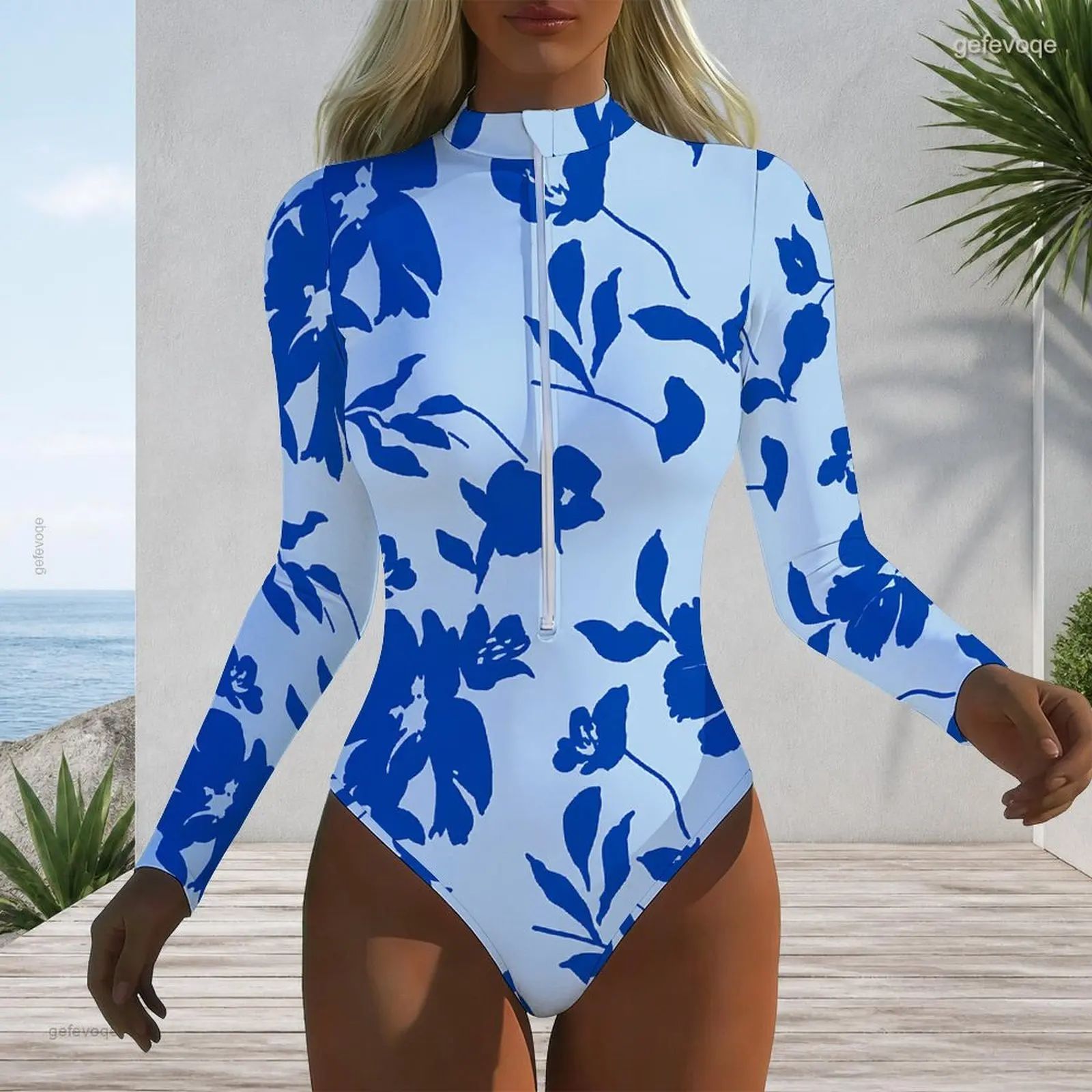 Women Swimsuit with Print High Neck Front Zip Long Sleeve One Piece