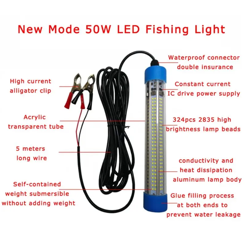[HOT!A34R】 Fishing Light 50W 5000Lm LED Underwater 12V 24V Waterproof Submersible Night Lamp For Boat Dock Ice Fishing