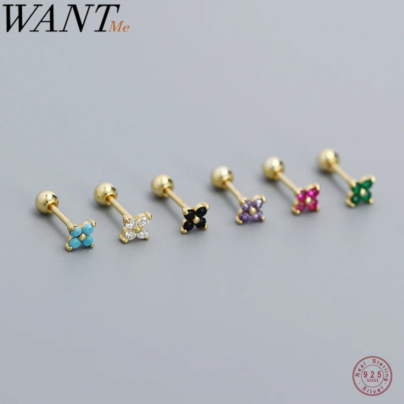 WANTME 925 Sterling Silver Ear Bone Piercing Accessories Romantic Clover Screw Bead Stud Earrings for Women Chic Floral Jewelry