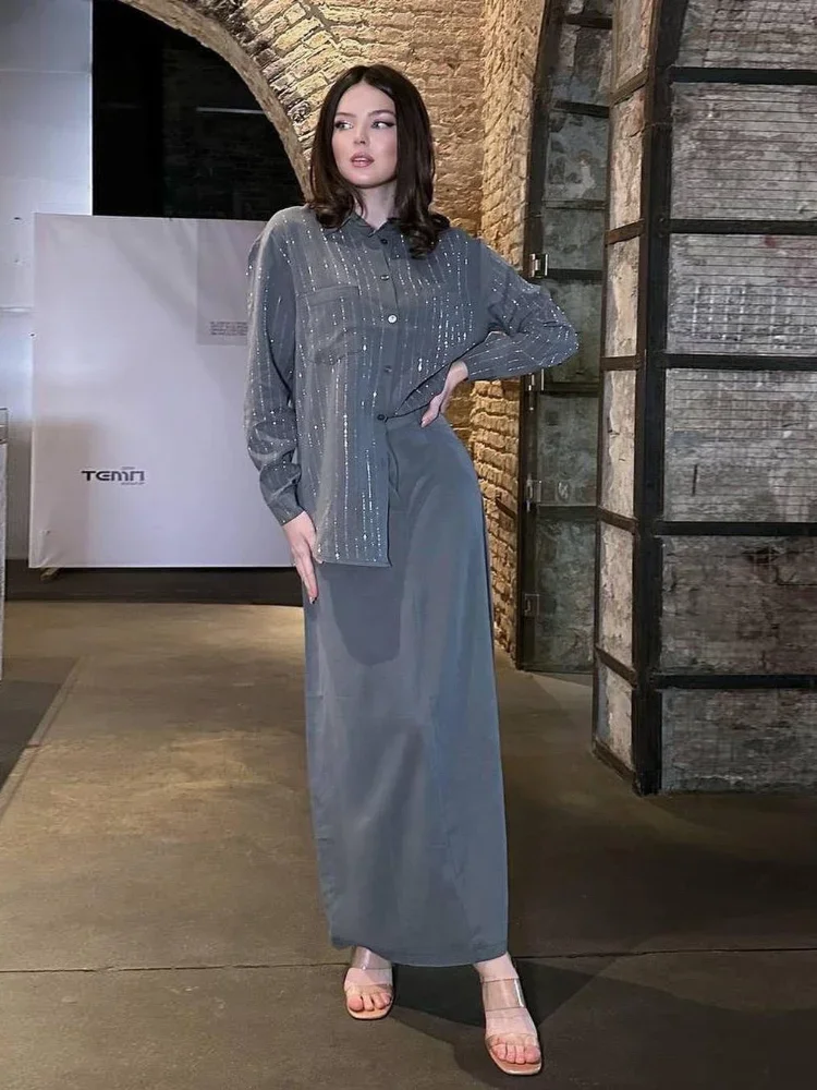 Damski dwuczęściowy zestaw muzułmański nadruk w paski koszula spódnica garnitury Casual arabski Ramadan Abaya Islam Kaftan kieszenie Jalabiya dubaj abaje